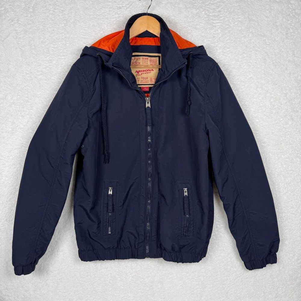 Arizona Jean‎ Co Mens Hooded Jacket Navy Orange Lined Zip Up Size M